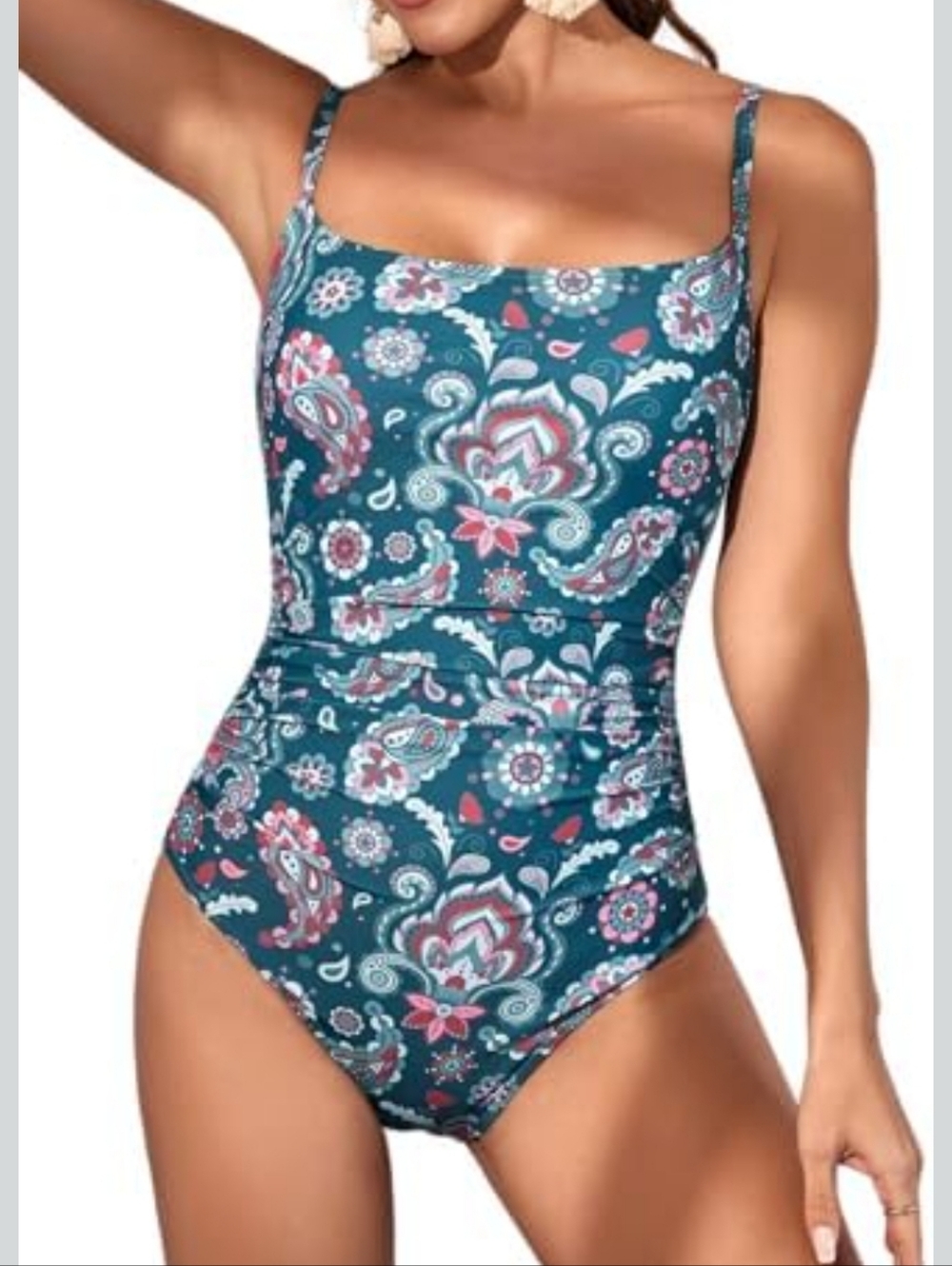 Teal Paisley One-Piece Swimsuit with Pink Accents - Women Swim